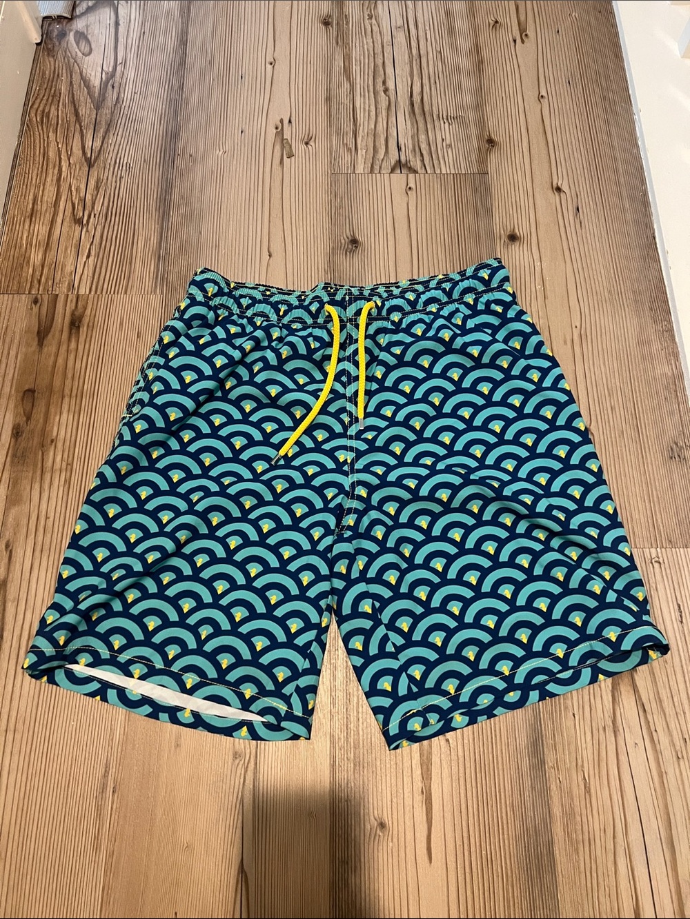Men's Teal Geometric Swim Trunks with Yellow Drawstring